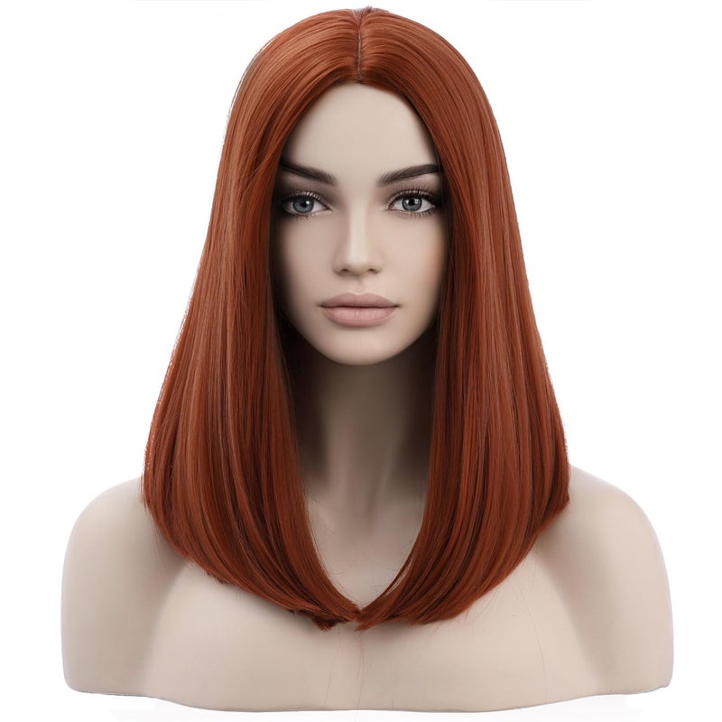 BERON Dark Orange Wigs Straight Middle Length Wig Middle Part Womens Wig for Cosplay Halloween Party or Daily Use Wig Cap Included