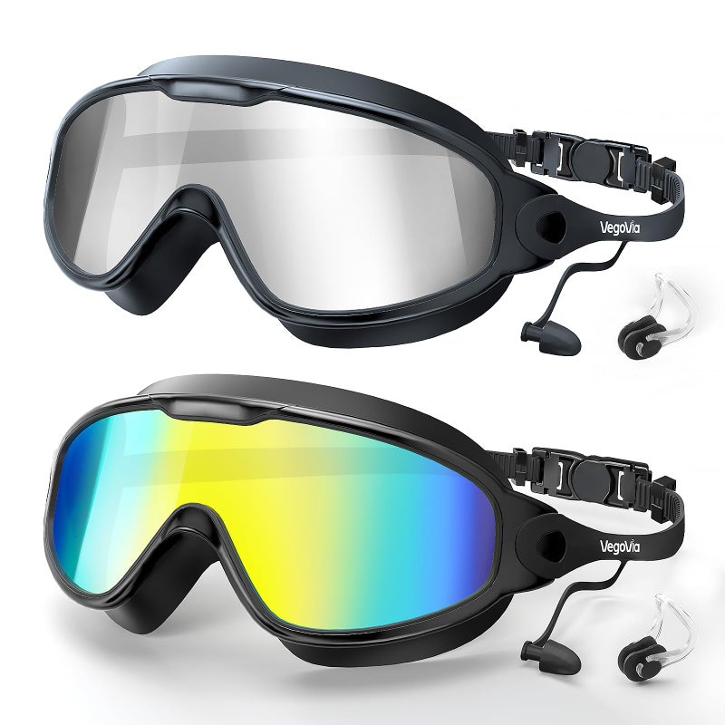 VegoVia 2 Pack Goggles Swimming Adult Men Women, Anti-Fog Pool Water Swim Goggles 180Â° Wide View UV Protection No Leaking Silicone Swim Glasses Attached Earplugs for Youth Beach Open Water Beach - Image 1
