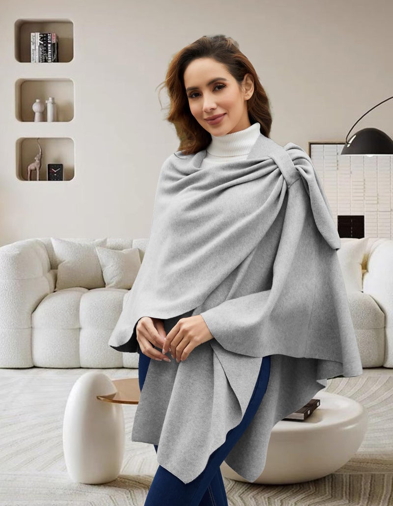 PULI Womens Grey Large Cross Front Poncho Sweater Wrap Topper Knitted Elegant Shawls Cape for Fall Winter - Image 2