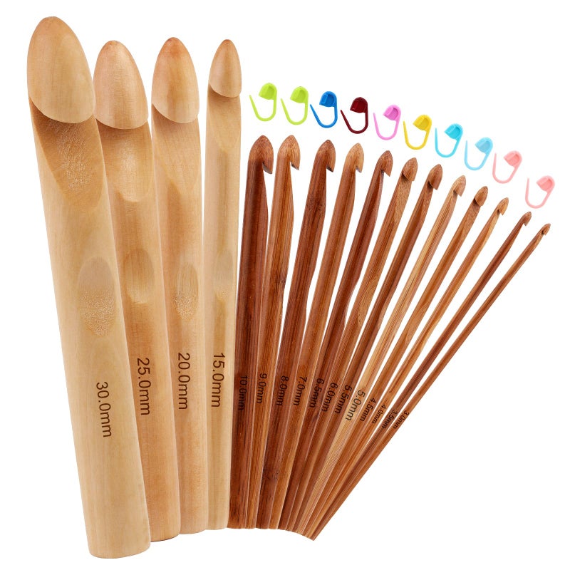 Dercuy 16 Pieces Wooden Crochet Hooks, 3 to 30 mm in Diameters Handle Crochet Hook Knitting Crochet Needles with 10 pcs Knitting Stitch Markers for Handcraft Crocheting - Image 1