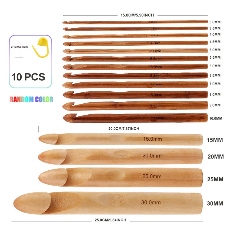 Dercuy 16 Pieces Wooden Crochet Hooks, 3 to 30 mm in Diameters Handle Crochet Hook Knitting Crochet Needles with 10 pcs Knitting Stitch Markers for Handcraft Crocheting - Image 2