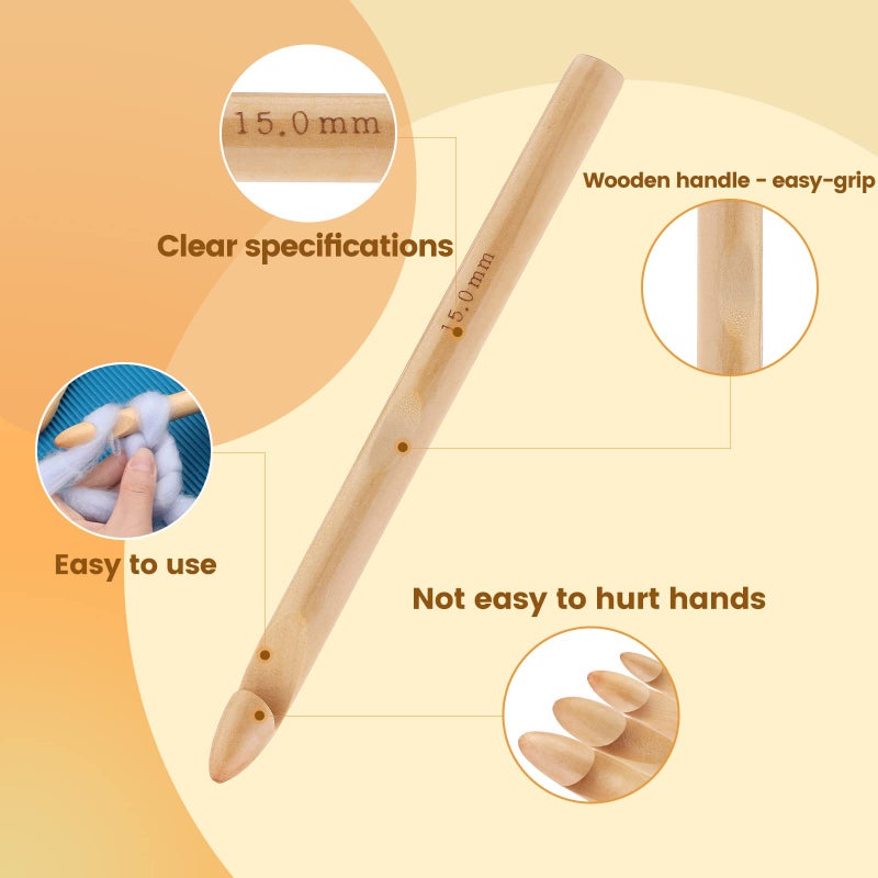 Dercuy 16 Pieces Wooden Crochet Hooks, 3 to 30 mm in Diameters Handle Crochet Hook Knitting Crochet Needles with 10 pcs Knitting Stitch Markers for Handcraft Crocheting - Image 3