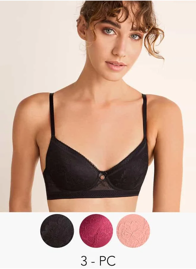 فاف Set of 3 - Lace Textured Demi Bra with Bow Detail