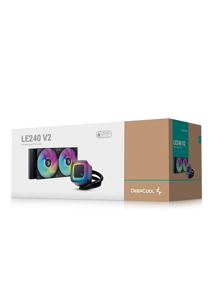 ديب كول مبرد وحدة المعالجة المركزية السائل LE240 V2، مشعاع ألومنيوم 240 مم، مراوح محملة هيدروليكيًا 120 مم، إضاءة LED RGB قابلة للتوجيه، أنبوب 410 مم، سرعة مضخة 2500-3400 دورة في الدقيقة، موصل PWM رباعي الدبابيس، تقنية مانعة للتسرب، متوافق مع Intel LGA 1700/1200/1151 وAMD AM5/AM4، أسود | R-LE240-BKAMMC-G-2  - Image 1