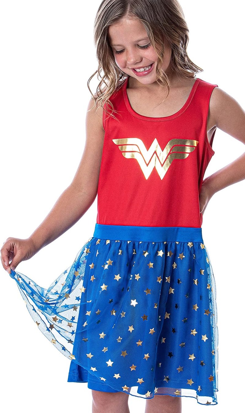 INTIMO DC Comics Girl's Wonder Woman Logo and Stars Tank Nightgown Costume Pajama Dress - Image 2