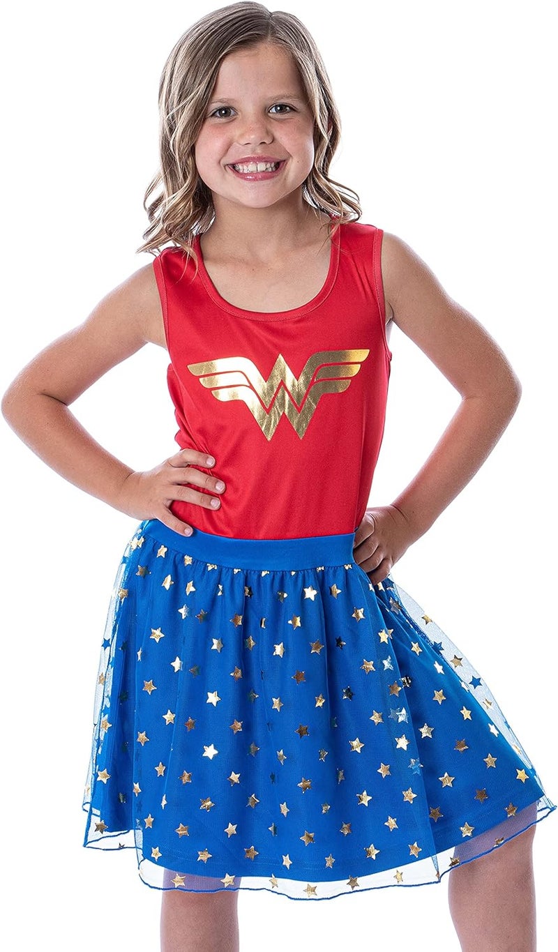 INTIMO DC Comics Girl's Wonder Woman Logo and Stars Tank Nightgown Costume Pajama Dress - Image 1