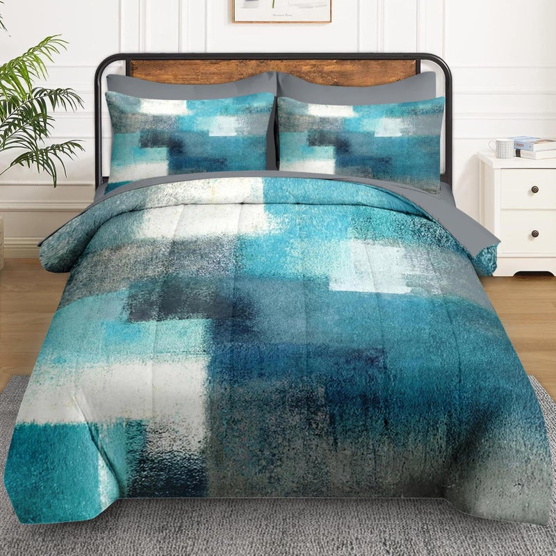WeCozy 7 Pcs Queen Size Comforter Set with 2 Pillowcases & 2 Shams, Turquoise Grey Painting Bedding for Kids and Adults, Teal Contemporary Gray Bed in a Bag with Flat Fitted Sheet - Image 2
