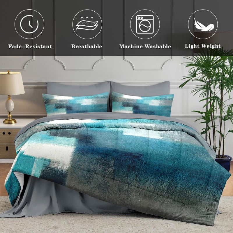 WeCozy 7 Pcs Queen Size Comforter Set with 2 Pillowcases & 2 Shams, Turquoise Grey Painting Bedding for Kids and Adults, Teal Contemporary Gray Bed in a Bag with Flat Fitted Sheet - Image 5