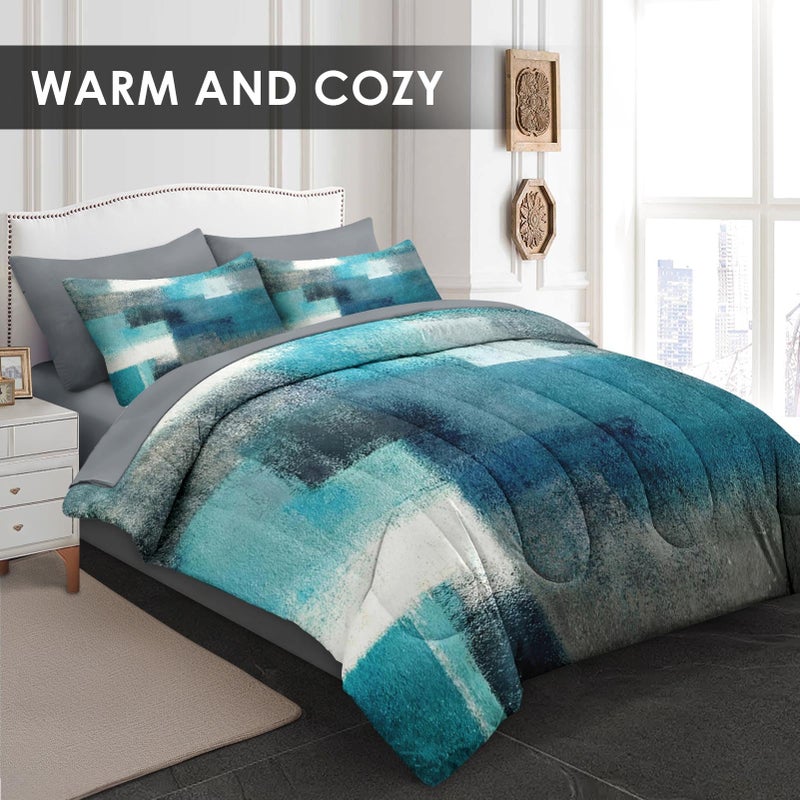 WeCozy 7 Pcs Queen Size Comforter Set with 2 Pillowcases & 2 Shams, Turquoise Grey Painting Bedding for Kids and Adults, Teal Contemporary Gray Bed in a Bag with Flat Fitted Sheet - Image 4