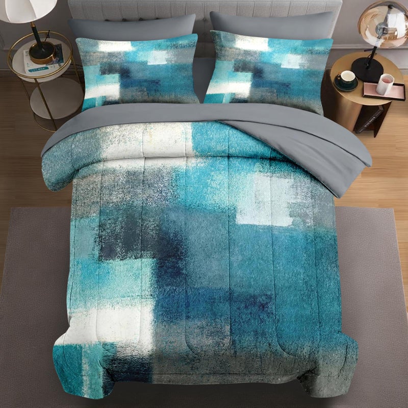 WeCozy 7 Pcs Queen Size Comforter Set with 2 Pillowcases & 2 Shams, Turquoise Grey Painting Bedding for Kids and Adults, Teal Contemporary Gray Bed in a Bag with Flat Fitted Sheet - Image 1