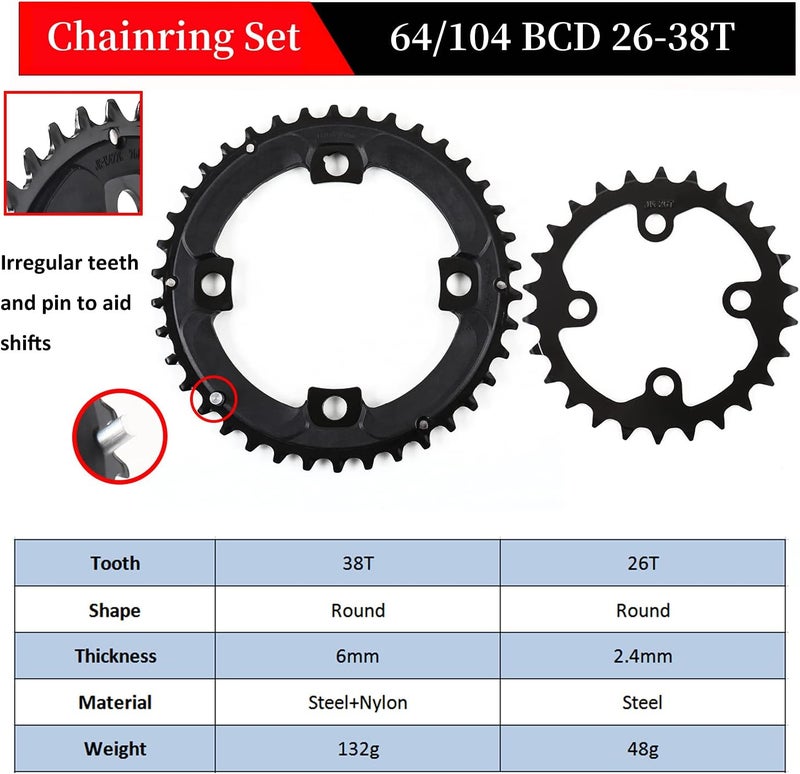 BUCKLOS مجموعة كرنك دراجة هوائية مزدوجة/ثلاثية 64/104 BCD بتصميم مربع - 2x/3x لدراجات الجبال MTB بطول 170 مم مع حلقات سلسلة 22/24/26/32/38/42/44T لسرعات 8/9/10 - Image 3
