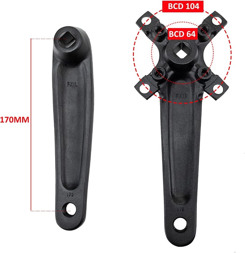 BUCKLOS مجموعة كرنك دراجة هوائية مزدوجة/ثلاثية 64/104 BCD بتصميم مربع - 2x/3x لدراجات الجبال MTB بطول 170 مم مع حلقات سلسلة 22/24/26/32/38/42/44T لسرعات 8/9/10 - Image 2
