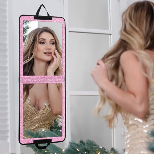LPHUMEX Glitter Purple Folding Full Length Mirror, 13x33 inch Foldable Travel Body Mirror for Dance, Festivals, Fair Booth - Image 1