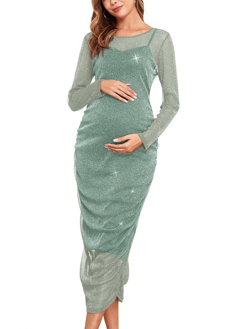 AISWI Maternity Mesh Dress Ruched Side Round Neck Pregnancy Dresses Baby Shower Wedding Guest Cocktail Party 2025 Fall, 5.Sparkly Sage Green, Large - Image 1