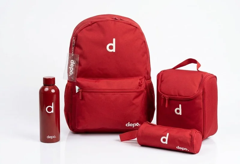 Depo DEPO 4-Piece School Set for Kids – Red, 44cm Backpack with Lunch Box, Pencil Case & Water Bottle