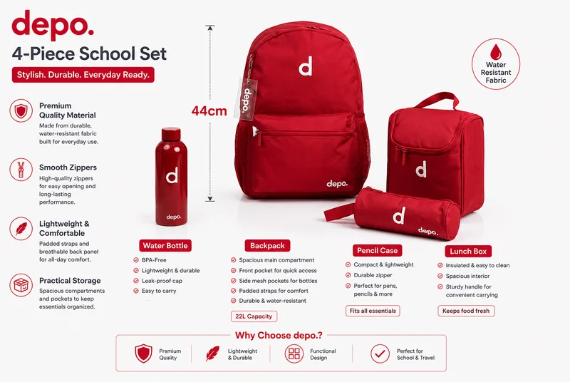 Depo DEPO 4-Piece School Set for Kids – Red, 44cm Backpack with Lunch Box, Pencil Case & Water Bottle