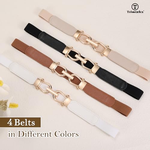 TRIWORKS 4 Pack Skinny Elastic Belts for Women Gold Buckle Thin Stretchy Waist Belts for Dresses - Image 4