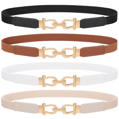 TRIWORKS 4 Pack Skinny Elastic Belts for Women Gold Buckle Thin Stretchy Waist Belts for Dresses - Image 1