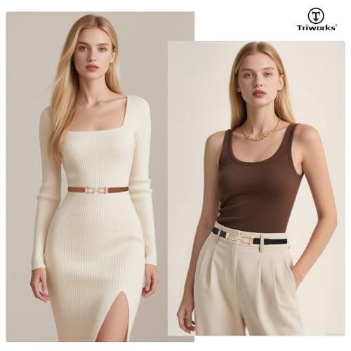 TRIWORKS 4 Pack Skinny Elastic Belts for Women Gold Buckle Thin Stretchy Waist Belts for Dresses - Image 3
