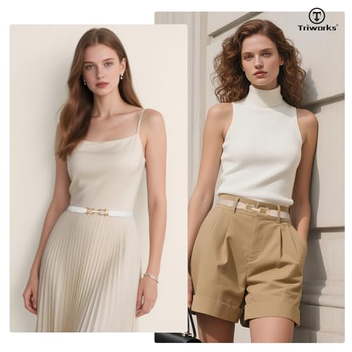 TRIWORKS 4 Pack Skinny Elastic Belts for Women Gold Buckle Thin Stretchy Waist Belts for Dresses - Image 5