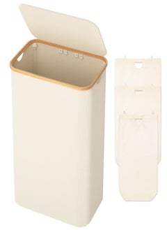 XVersion Laundry Basket  with 3 Compartments, Lid, Bamboo Handles & Removable Washable Bags - Foldable, Beige, Large Capacity for Sorting Clothes, Toys, and Duvets  - Image 1