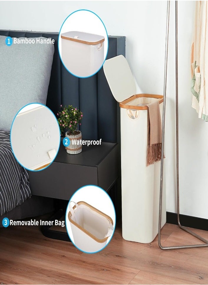 XVersion - Laundry Basket  with 3 Compartments, Lid, Bamboo Handles & Removable Washable Bags - Foldable, Beige, Large Capacity for Sorting Clothes, Toys, and Duvets - Image 1