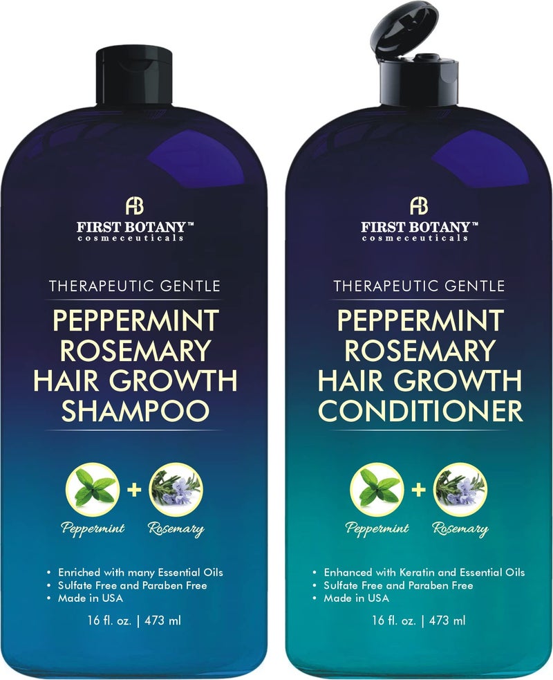 First Botany, Peppermint Rosemary Hair Regrowth and Anti Hair Loss Shampoo and Conditioner Set - Daily Hydrating, Detoxifying, Volumizing Shampoo and Fights Dandruff For Men and Women 16 fl oz x 2 - Image 1