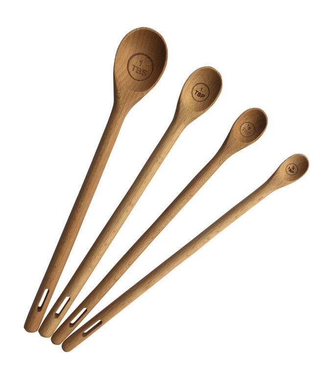 LONG HANDLE WOODEN MEASURING SPOONS BY SET OF 4 ENGRAVED ACCURATE SPOONS FOR DRY AND LIQUID INGREDIENTS BEECH WOOD SET 9INCH HANDLES
