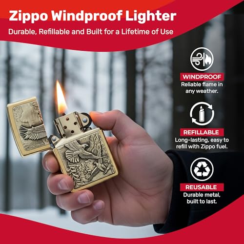Zippo ولاعة جيبو إيجلز دير القابلة لإعادة التعبئة بغطاء قابل للفتح ولاعات مقاومة للرياح تصميم نسر جريء ووطني ولاعات جيب فاخرة ولاعة معدنية مصنوعة في الولايات المتحدة الأمريكية - Image 3