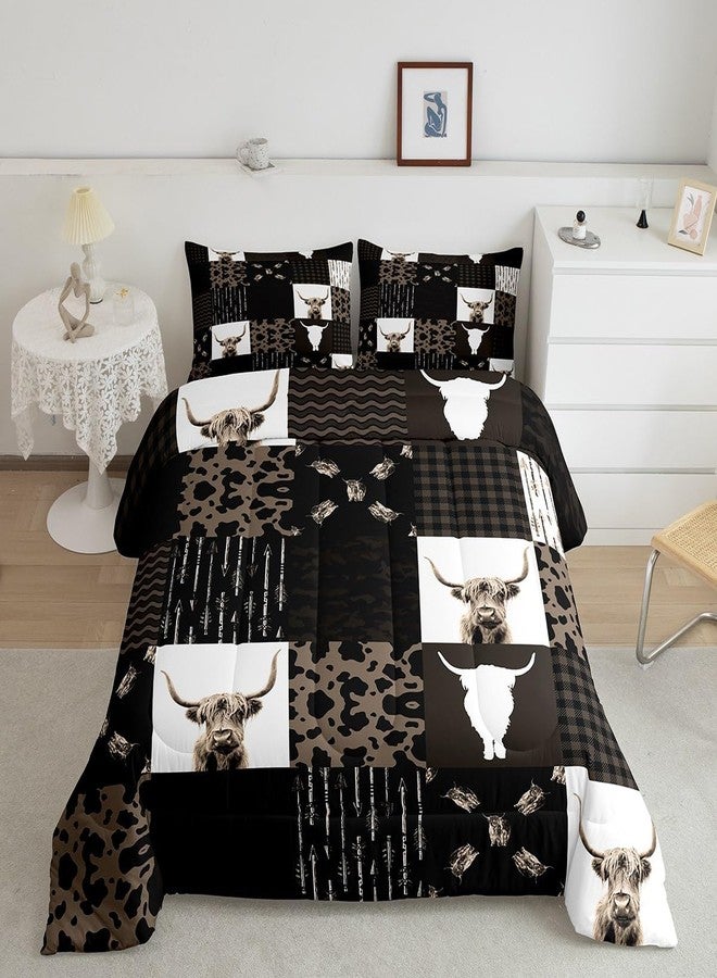 Feelyou Brown Cow Print Comforter Set Highland Cattle Comforter Retro Farmhouse Country Style Duvet Quilt Set 1 Comforter & 1 Pillowcase Twin Size - Image 1