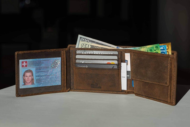 DiLoro Mens Buffalo Leather Wallet Bifold Flip ID Section Coin RFID Protection Full Grain Credit Card Holder Purse (Dark Hunter Brown) - Image 4
