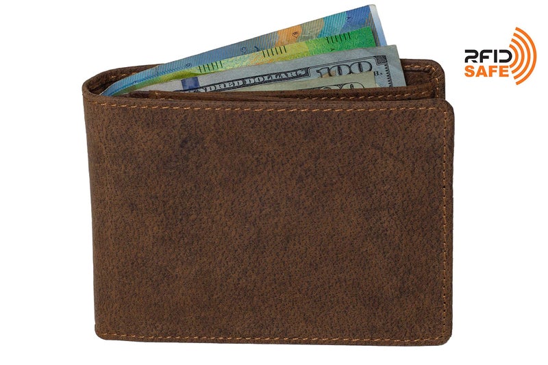 DiLoro Mens Buffalo Leather Wallet Bifold Flip ID Section Coin RFID Protection Full Grain Credit Card Holder Purse (Dark Hunter Brown) - Image 3