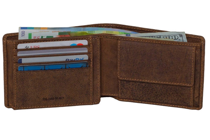DiLoro Mens Buffalo Leather Wallet Bifold Flip ID Section Coin RFID Protection Full Grain Credit Card Holder Purse (Dark Hunter Brown) - Image 1