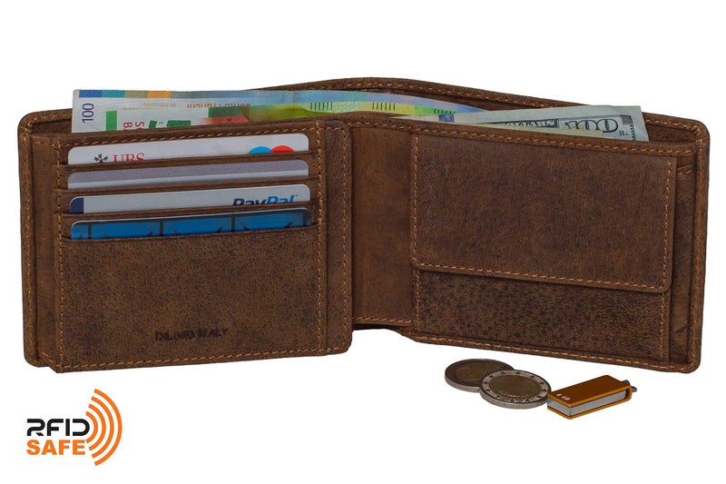 DiLoro Mens Buffalo Leather Wallet Bifold Flip ID Section Coin RFID Protection Full Grain Credit Card Holder Purse (Dark Hunter Brown) - Image 2