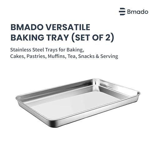 Bmado Versatile Tray Set of 2 | Premium Stainless Steel Trays for Cakes, Snacks & Tea Serving | Oven Use Partially Recommended | Durable Rust-Free Kitchen & Serving Tray (29.5×22.5×2.5 cm – Medium) - Image 2