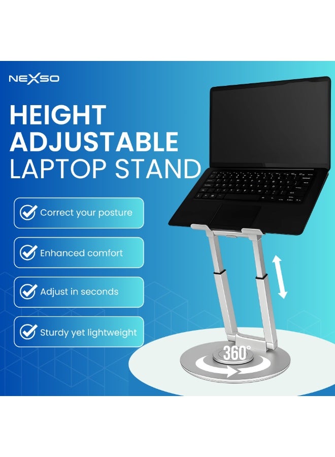 Nexso Silver Height Adjustable laptop Stand with 360° Rotating Base, Ergonomic Laptop Riser, Foldable & Portable Laptop Holder for Desk, Anti-Slip Pads, Compatible with MacBook & 10-17" Laptops - Image 2