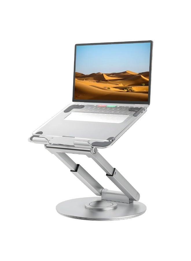 Nexso Silver Height Adjustable laptop Stand with 360° Rotating Base, Ergonomic Laptop Riser, Foldable & Portable Laptop Holder for Desk, Anti-Slip Pads, Compatible with MacBook & 10-17" Laptops - Image 1