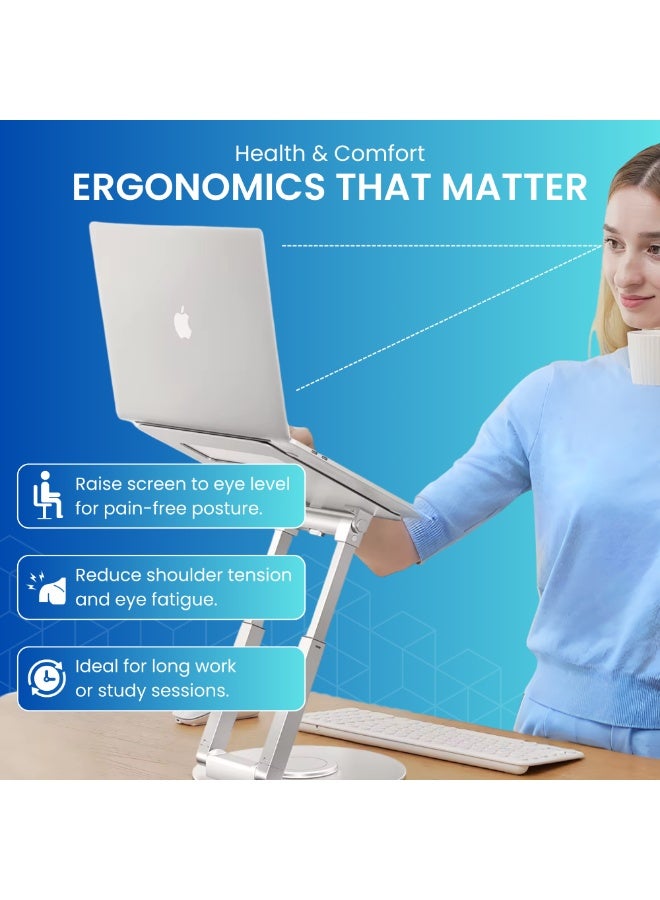 Nexso Silver Height Adjustable laptop Stand with 360° Rotating Base, Ergonomic Laptop Riser, Foldable & Portable Laptop Holder for Desk, Anti-Slip Pads, Compatible with MacBook & 10-17" Laptops - Image 4