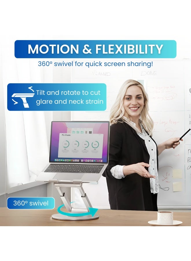 Nexso Silver Height Adjustable laptop Stand with 360° Rotating Base, Ergonomic Laptop Riser, Foldable & Portable Laptop Holder for Desk, Anti-Slip Pads, Compatible with MacBook & 10-17" Laptops - Image 3