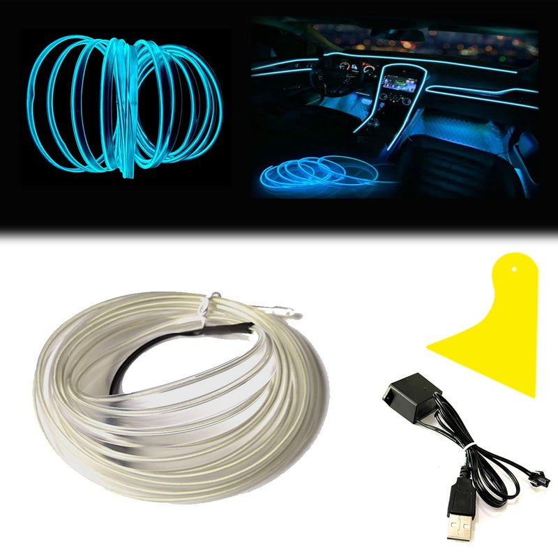Maxlaxer El Wire Ice Blue Interior Car LED Strip Lights, 5M Neon Wire USB 5V with Fuse Protection for Automotive Interior Decoration, with 6mm Sewing Edge - Image 1