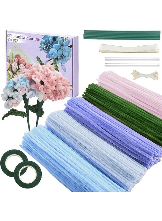 400 Pcs Pipe Cleaners Craft,5 Assorted Colors Pipe Cleaners Bulk, Chenille Stems for DIY Flower Making Kit with Floral Wires, Gardening Tape,Stamen& Ribbon (Colorful) - Image 1