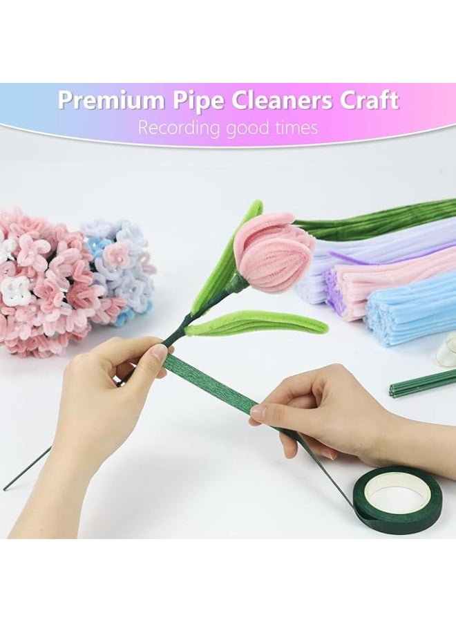 400 Pcs Pipe Cleaners Craft,5 Assorted Colors Pipe Cleaners Bulk, Chenille Stems for DIY Flower Making Kit with Floral Wires, Gardening Tape,Stamen& Ribbon (Colorful) - Image 3