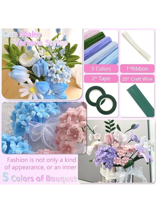 400 Pcs Pipe Cleaners Craft,5 Assorted Colors Pipe Cleaners Bulk, Chenille Stems for DIY Flower Making Kit with Floral Wires, Gardening Tape,Stamen& Ribbon (Colorful) - Image 2
