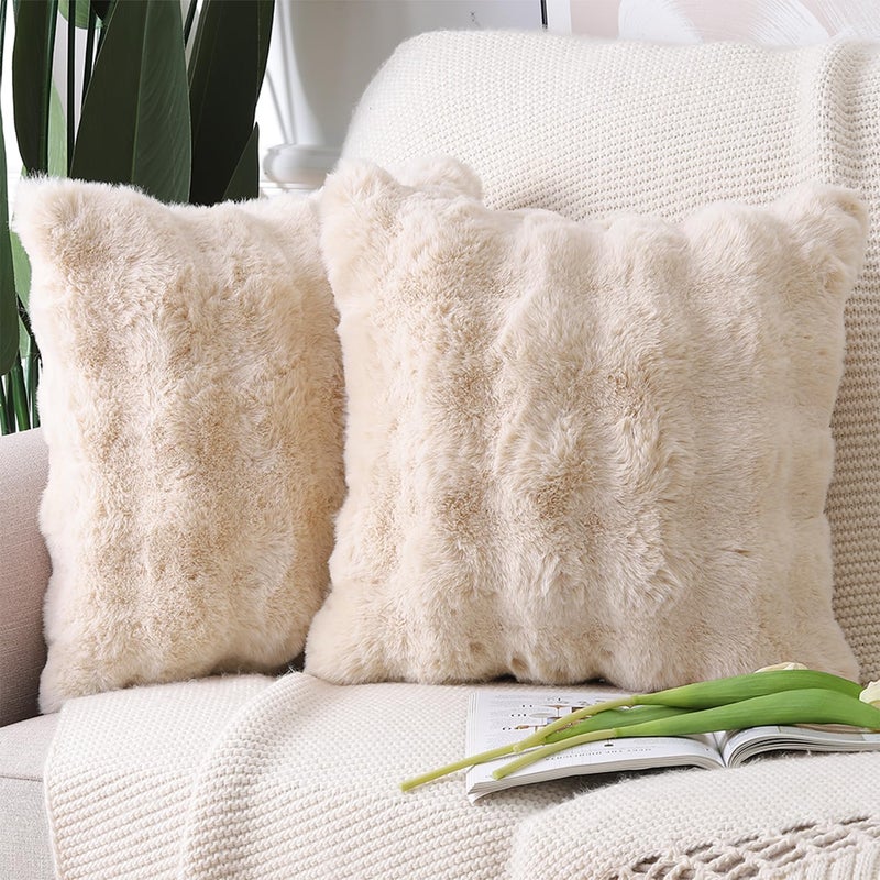 MADIZZ Pack of 2 Thick Plush Wool Throw Pillow Covers 18x18 Inch Beige Soft Neutral Decorative Throw Pillows Accent Boho Cushion Covers for Couch Sofa Bedroom Pillow Shell - Image 1