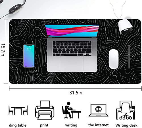 KOAIWPAE Desk Mat, Topographic Map Lines Pattern Large Desk Pad Extended Gaming Mouse Pad, 35.4 x 15.7inch Mouse Pad with Non-Slip Rubber Base Stitched Edges, Home Office Decor for Women Girls Men Boys - Image 4