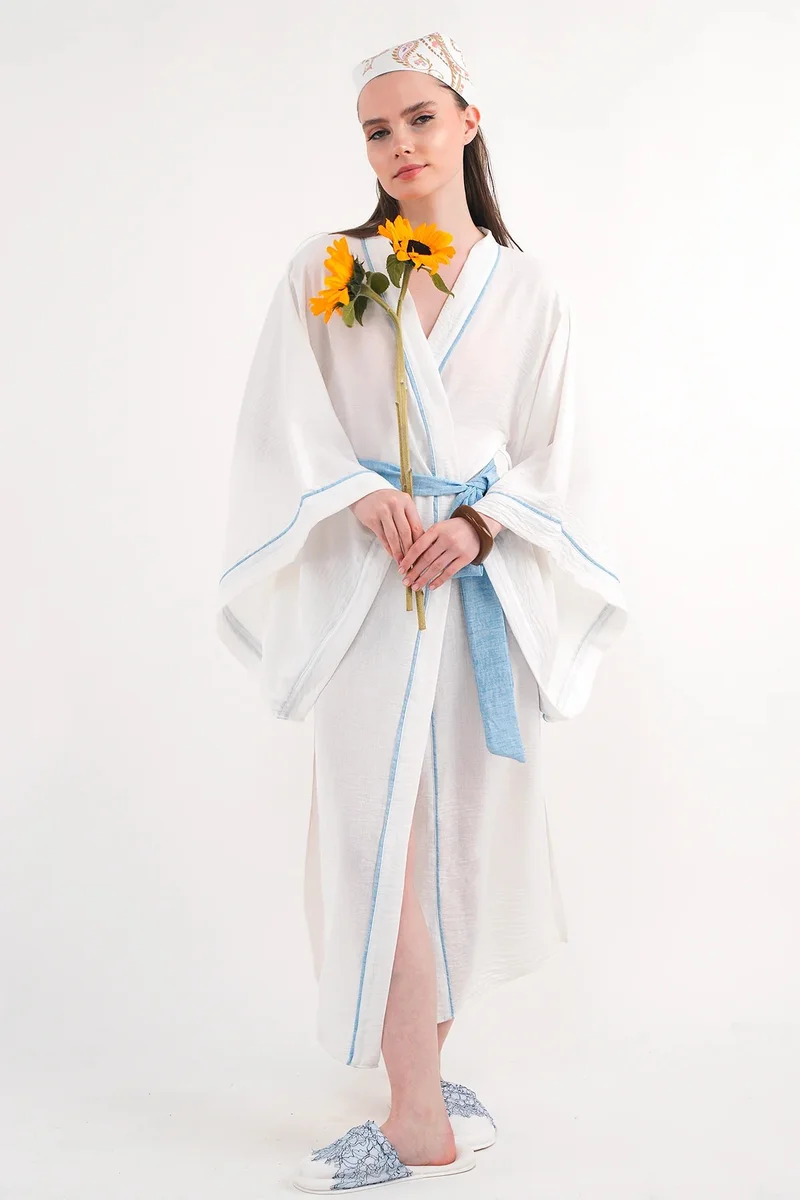 Mita Concept WHITE LINEN KIMONO WITH BLUE PIPING AND SQUARE SLEEVES