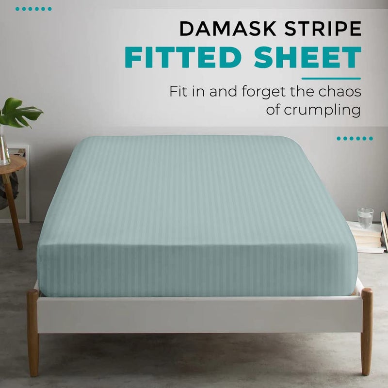 FEATHER & STITCH NEW Feather & Stitch 100% Cotton 1 Piece Damask Stripe King Fitted Sheet 500 Thread Count Granite Green 18"" Extra Deep Pocket Sateen Weave Stretchable Boxer Elastic Fits Mattress Perfectly  - Image 5