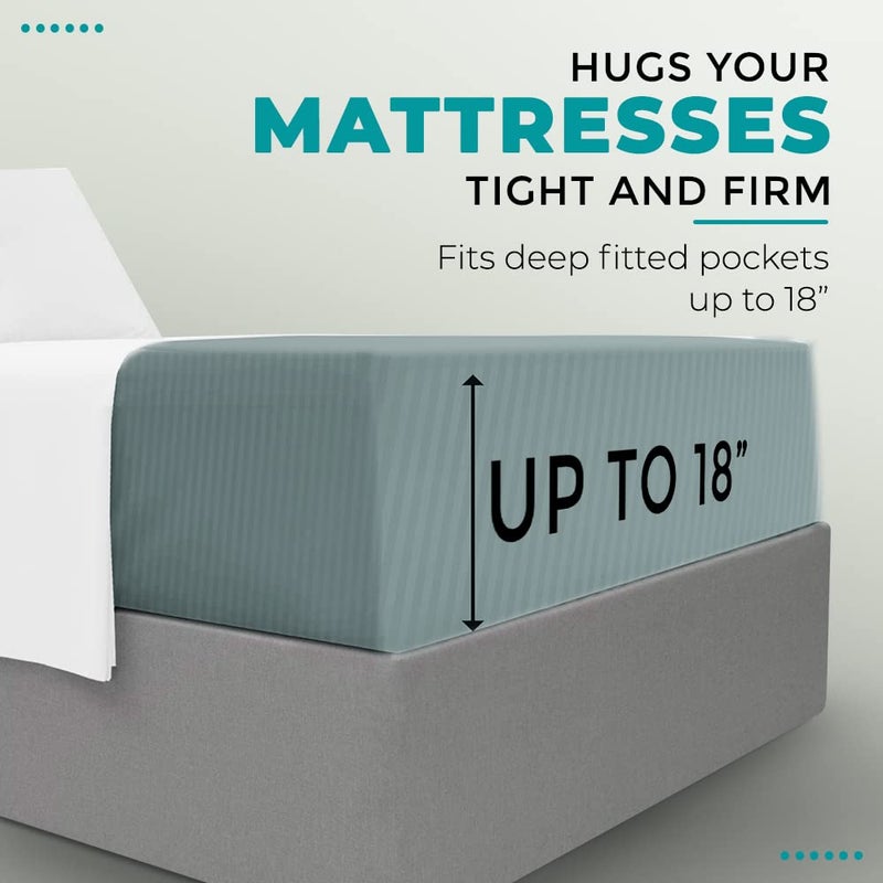 FEATHER & STITCH NEW Feather & Stitch 100% Cotton 1 Piece Damask Stripe King Fitted Sheet 500 Thread Count Granite Green 18"" Extra Deep Pocket Sateen Weave Stretchable Boxer Elastic Fits Mattress Perfectly  - Image 4