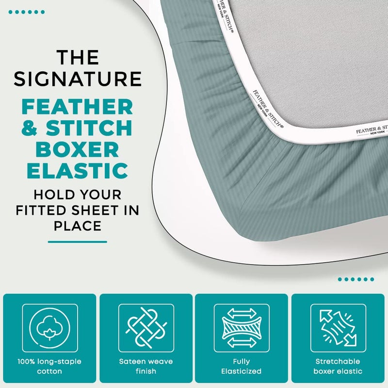 FEATHER & STITCH NEW Feather & Stitch 100% Cotton 1 Piece Damask Stripe King Fitted Sheet 500 Thread Count Granite Green 18"" Extra Deep Pocket Sateen Weave Stretchable Boxer Elastic Fits Mattress Perfectly  - Image 3