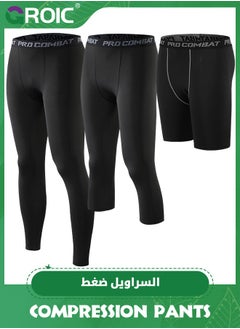 GROIC 3 Pack Compression Shorts Long Pants Tights Sports Running Athletic Active Underwear Workout, Sports Compression Pants, Leggings Athletic Base Layer for Sports, 3 Lengths Size Pants Tights  - Image 1